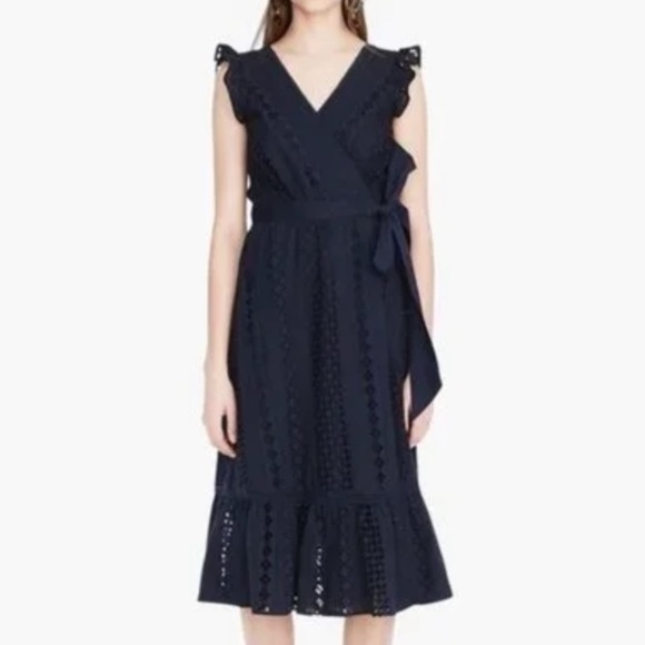 J.Crew Lace Crochet Midi Dress A-skirt Wrap Belted Navy Sz. XS ALL OVER EYELET - Picture 2 of 16